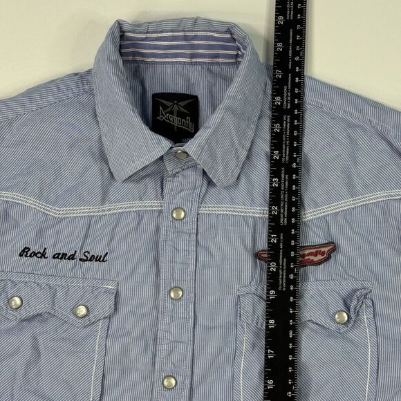 Dragonfly Mens Y2K Patched AOP Button Down Shirt Blue Stripe Pearl Snap Size L - Picture 9 of 9